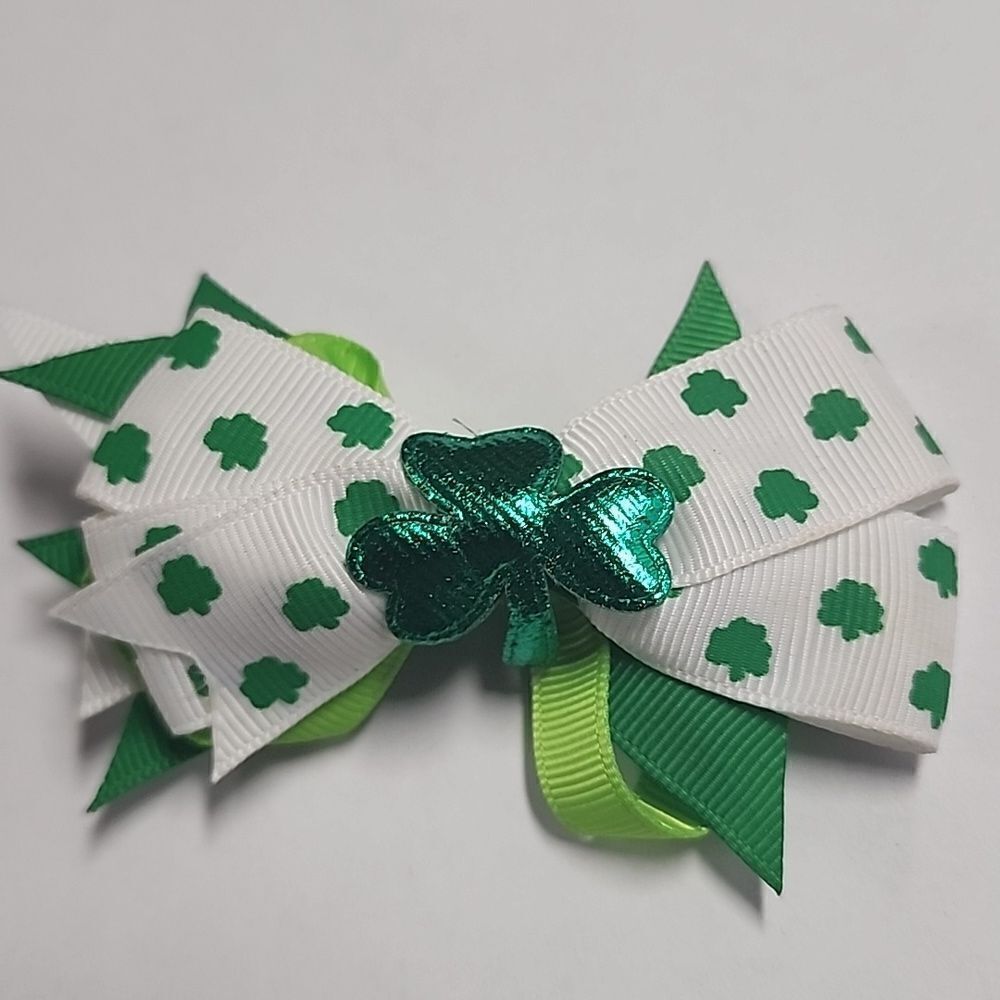 St Patrick's Day Lucky Hair Bow Green White Ribbon